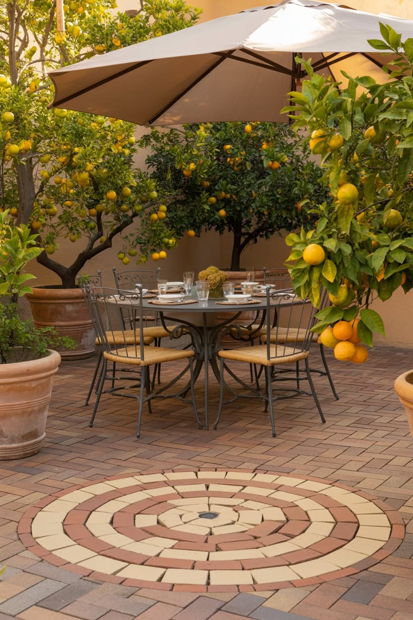Tuscan-style brick courtyard with circular paver medallion pattern, wrought iron dining set under umbrella, surrounded by potted lemon trees