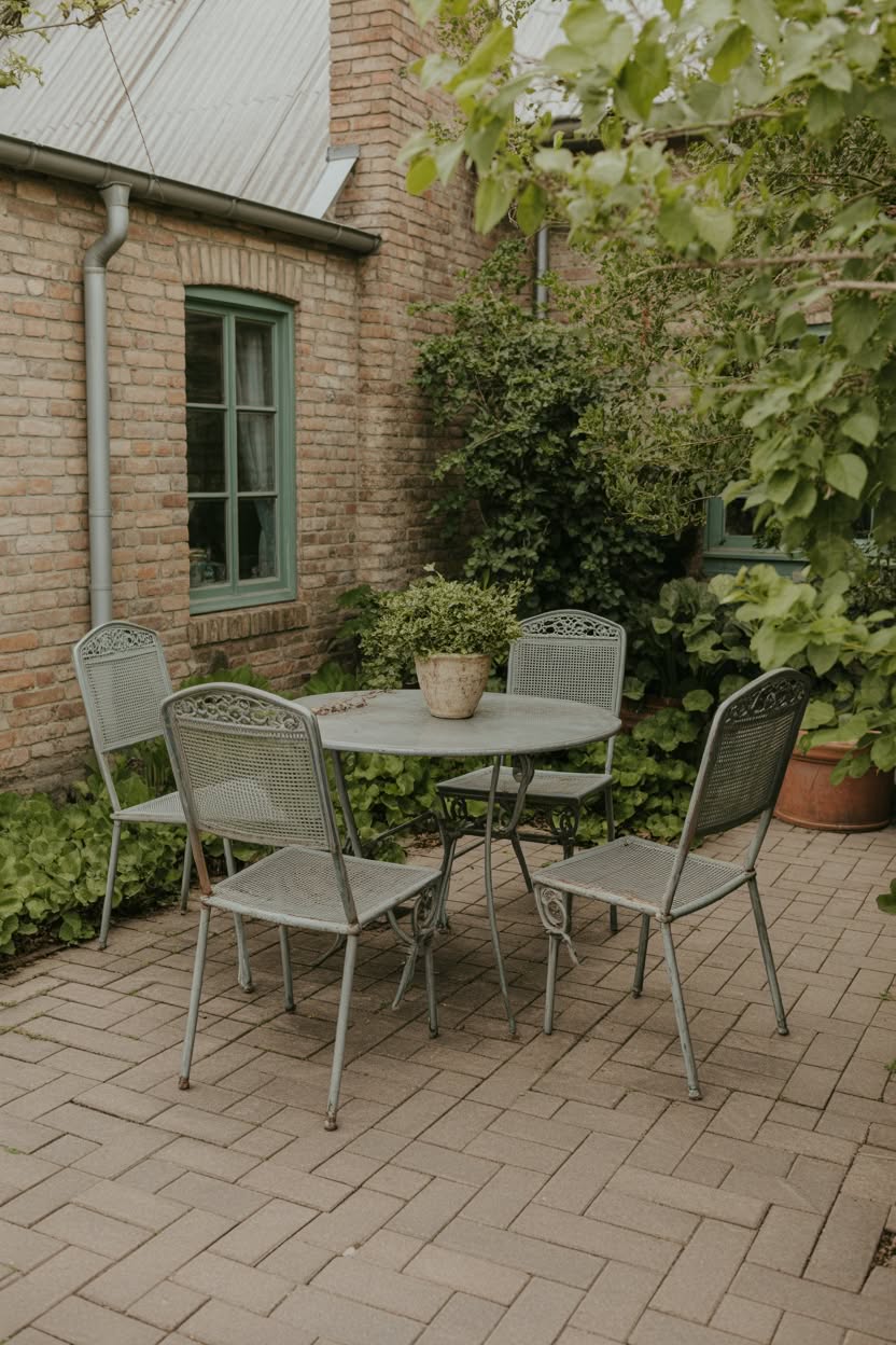 Cottage-style herringbone brick patio with vintage sage green metal bistro set next to weathered brick building with green windows