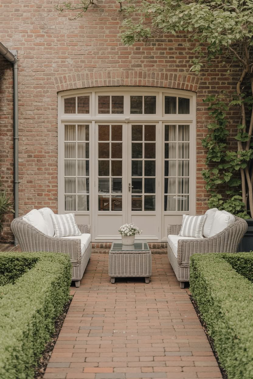 Elegant brick patio with two grey wicker loveseats, white cushions, striped pillows, boxwood hedges, and arched French doors on brick house