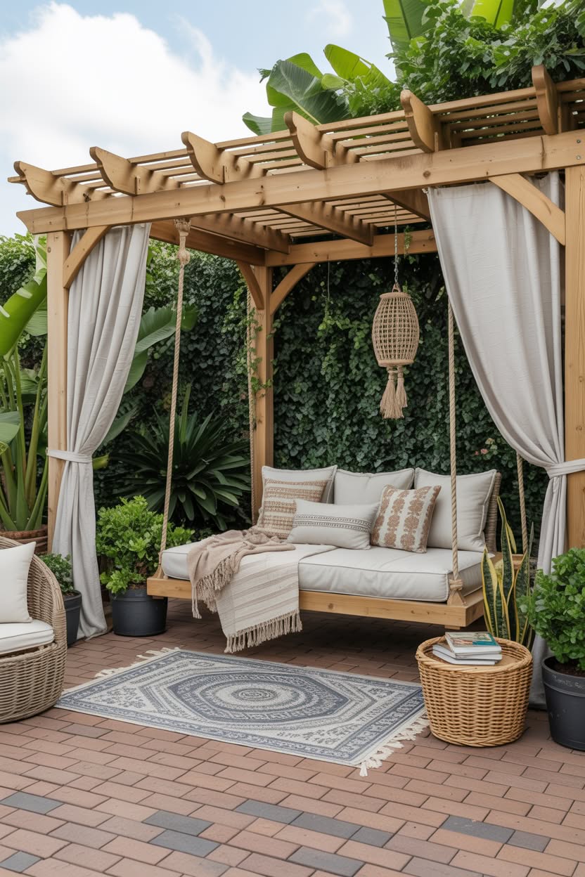 Boho-style brick patio with wooden pergola, flowing white curtains, hanging daybed swing with cushions, patterned rug, and macrame pendant