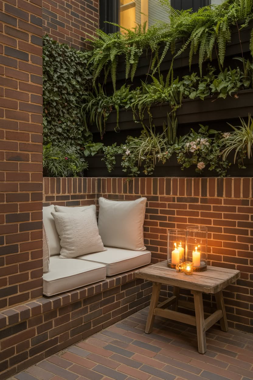 Cozy brick corner seating nook with built-in bench, cream cushions, rustic side table with candles in hurricanes, and living wall with ferns