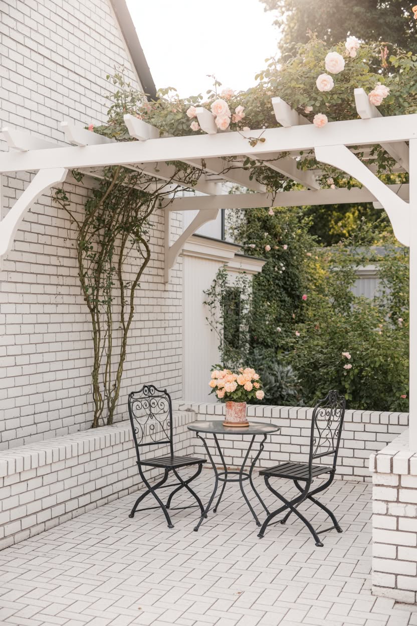 White painted brick patio and walls with white pergola covered in pink climbing roses, black wrought iron bistro set, and terracotta flower pot