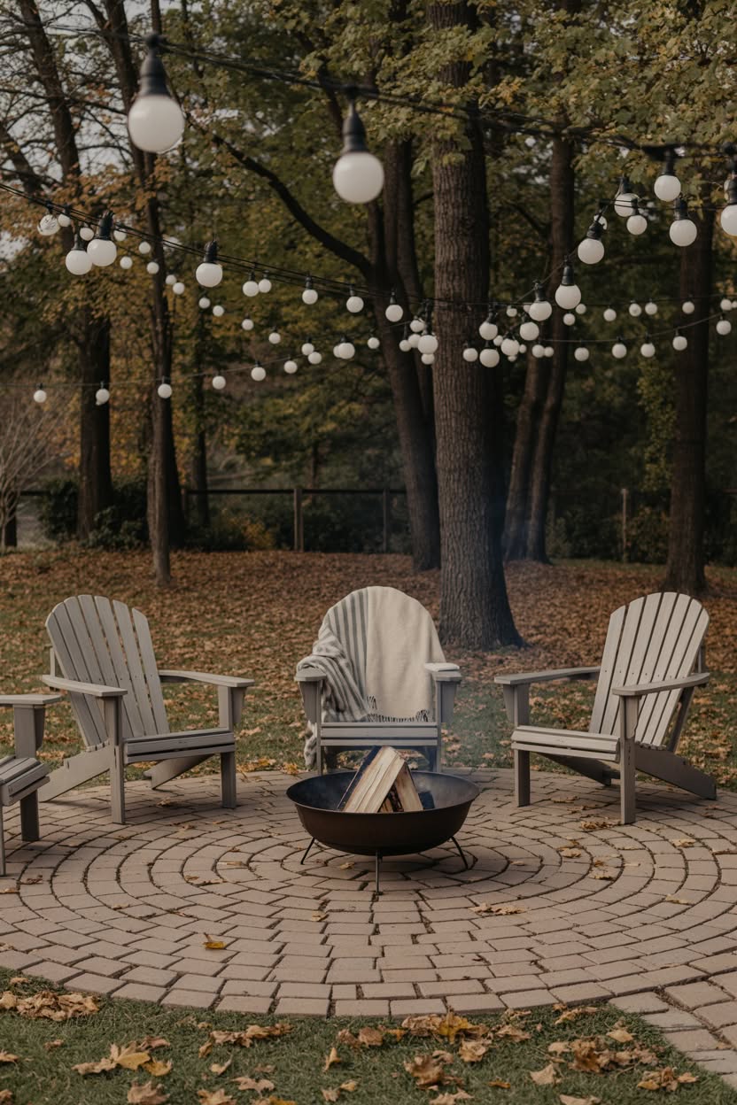 Circular brick patio with fan pattern, white Adirondack chairs around black fire bowl, white globe string lights, and fallen autumn leaves