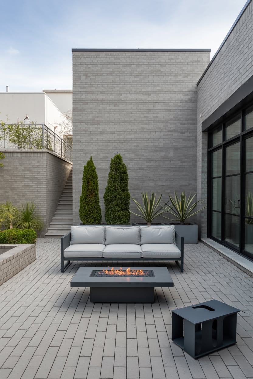 Contemporary grey brick courtyard with grey paver patio, modern grey sofa, rectangular gas fire pit, cypress trees, and architectural staircase