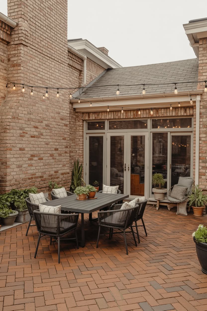 Brick courtyard with herringbone patio, outdoor dining table with six modern woven chairs, string lights, potted plants, and glass doors on brick house