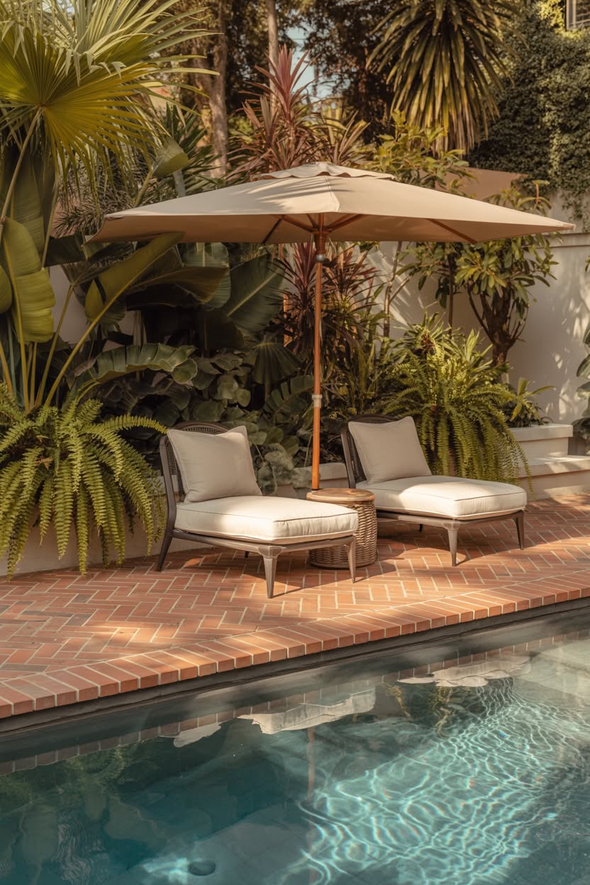 Herringbone red brick patio by pool with two lounge chairs under cream umbrella surrounded by tropical plants