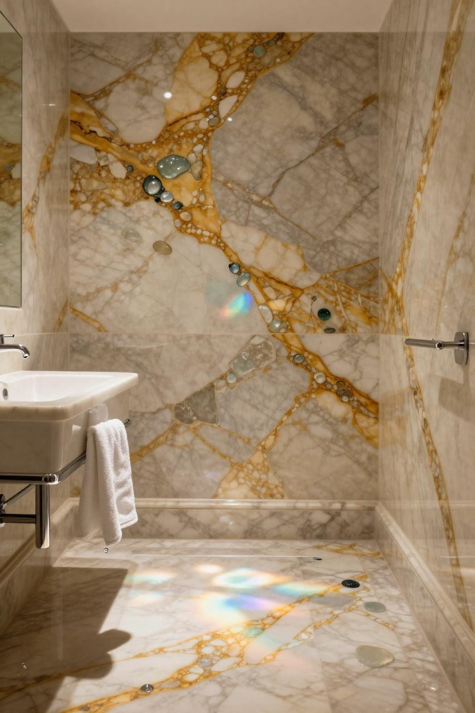 calacatta gold marble bathroom walls with antique venetian sea glass fragments embedded in amber veining