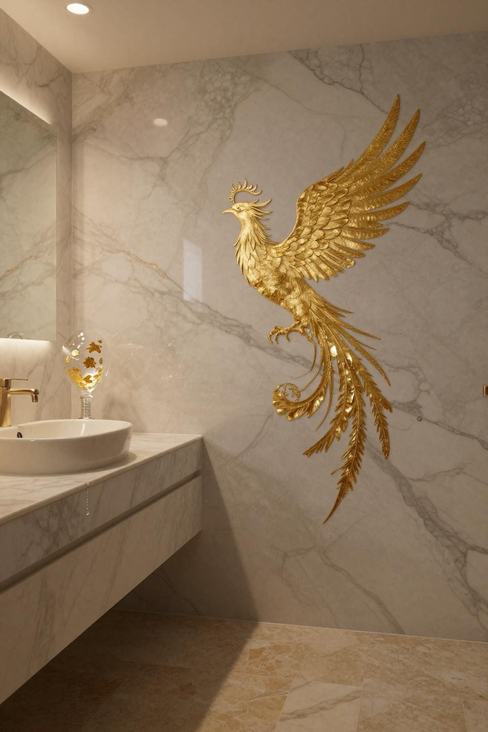 calacatta gold marble bathroom wall with veining forming phoenix silhouette and murano glass basin with gold leaf