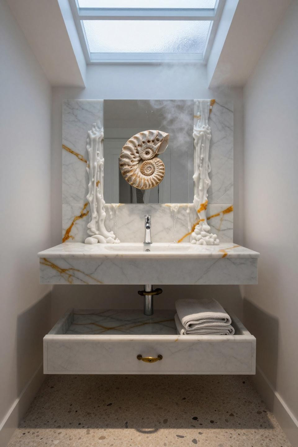 calacatta gold marble vanity with amber veining and fossilized ammonite shell in polished slab under skylight