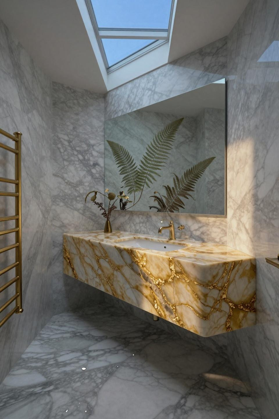 calacatta gold marble vanity with dramatic veining and authentic jurassic fern fossils under skylight