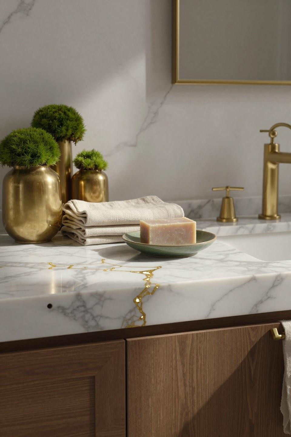 calacatta marble bathroom counter with unlacquered brass vessels moss-green ceramic soap dish and folded ivory linen towels