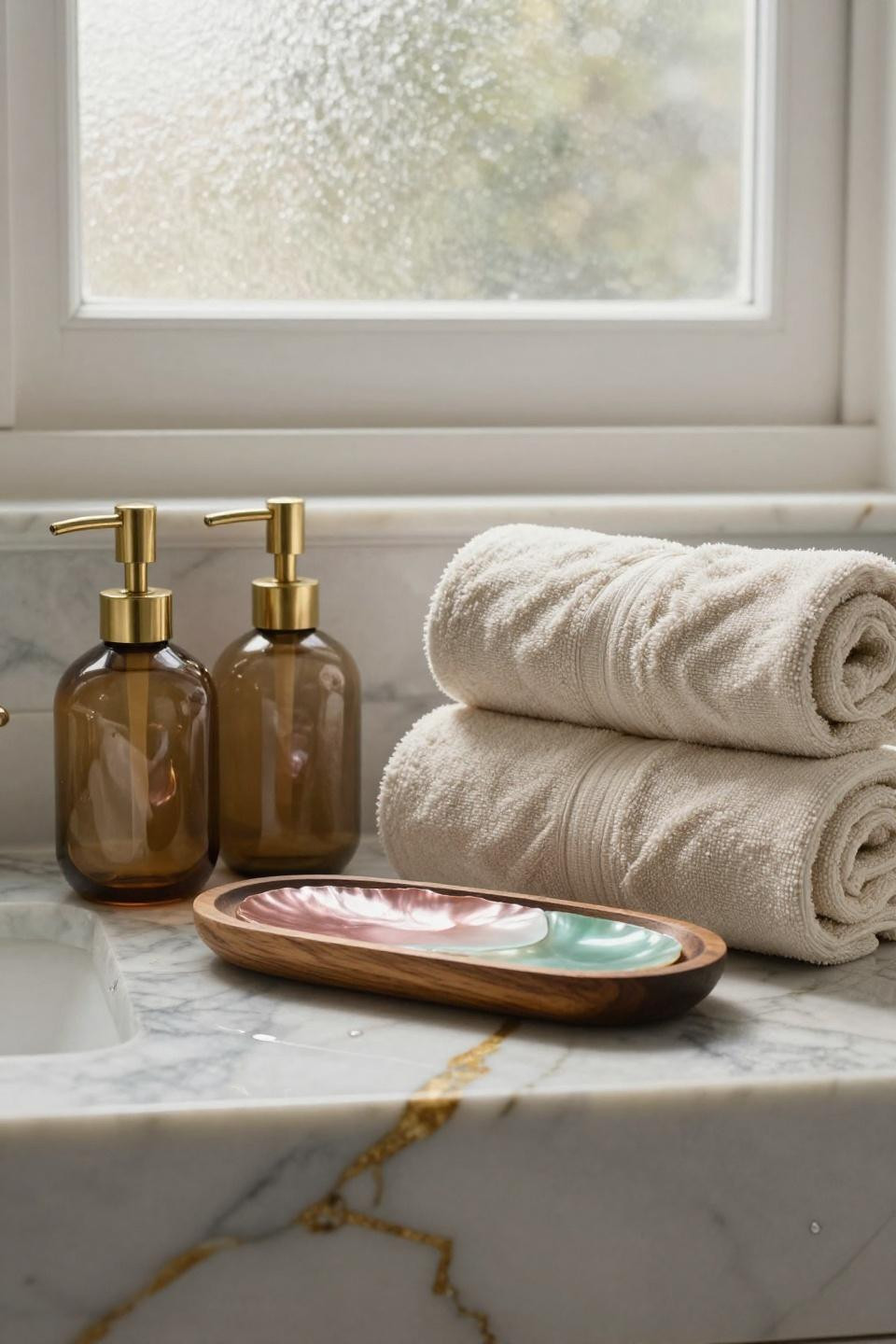 calacatta marble surface with hand-blown amber glass vessel brass soap dispenser and wooden tray with pearlescent shell inlay
