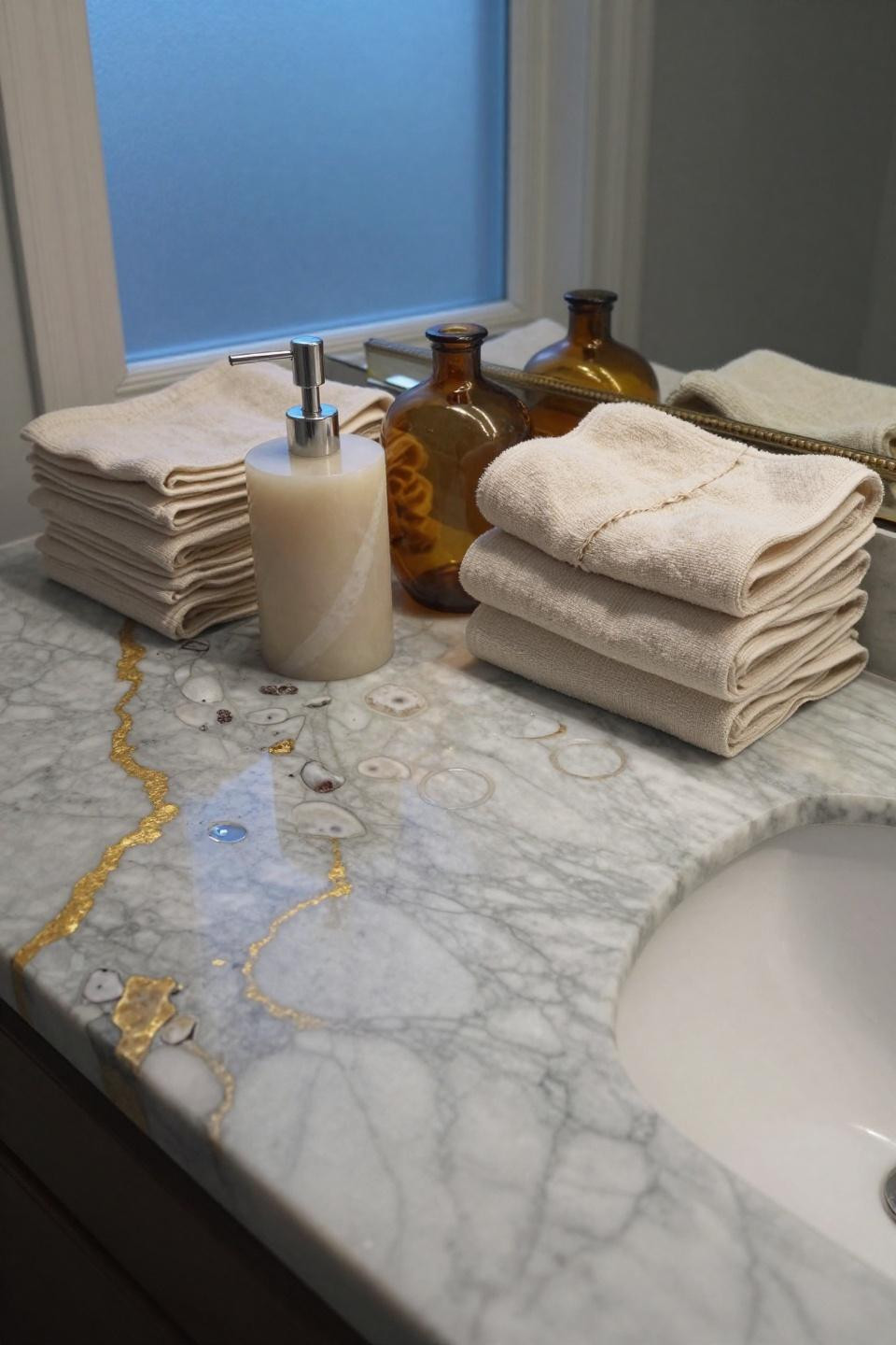 alabaster soap dispenser amber glass vessel and cream linen towels on calacatta marble with embedded shell fragments