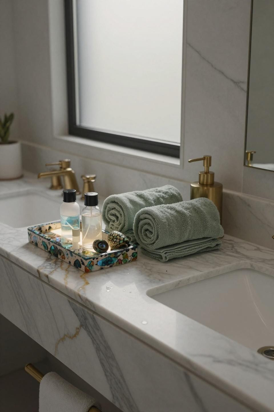 expansive calacatta marble vanity with sage linen towels brushed brass soap dispenser and terrazzo tray with abalone shell fragments