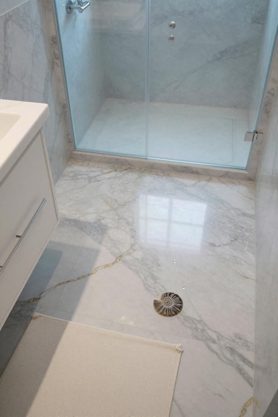 bathroom flooring ideas featuring massive calacatta marble slabs with gold veining and frosted glass shower enclosure backlit