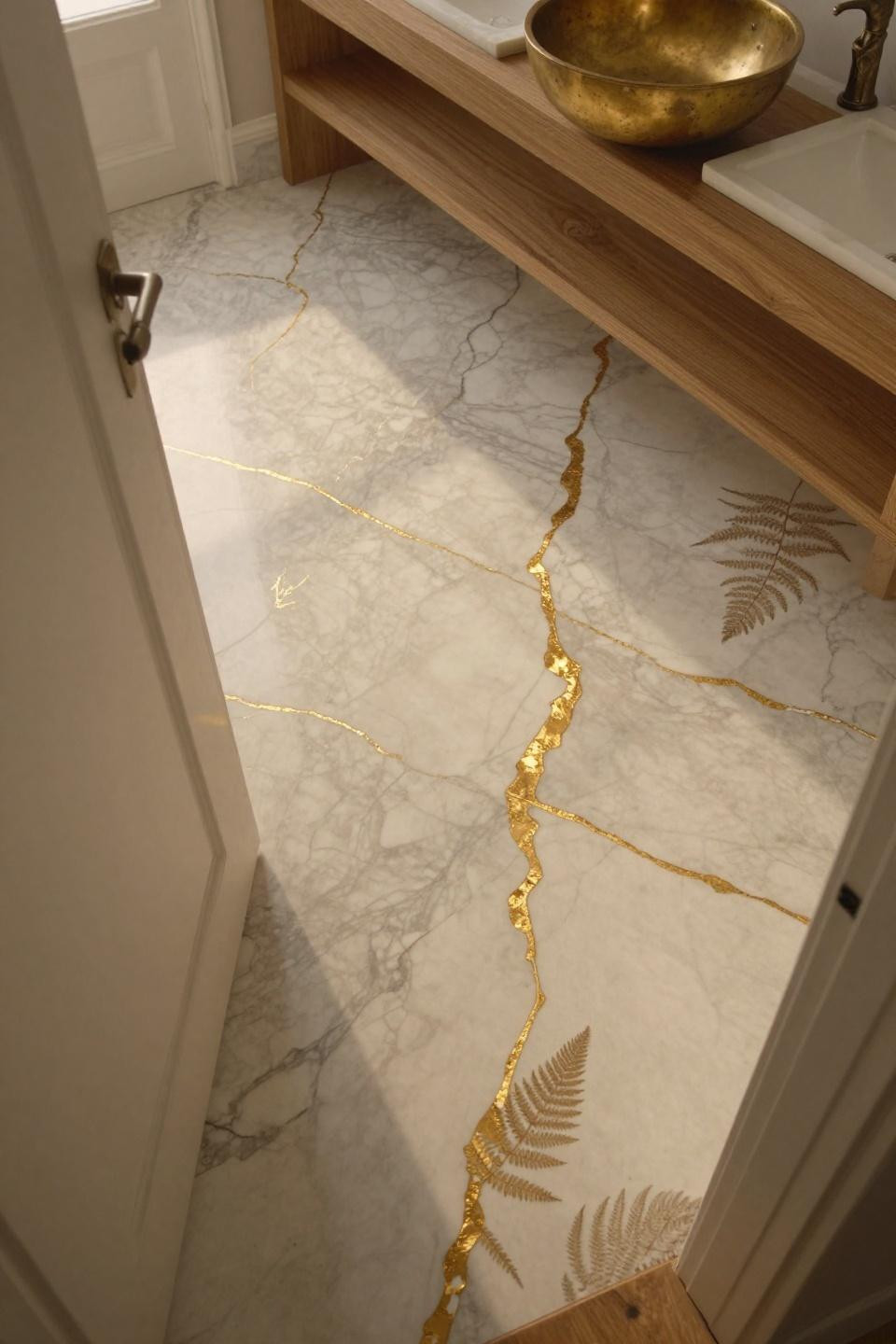 bathroom flooring ideas featuring expansive warm white calacatta marble with dramatic gold veining and prehistoric fern fossils