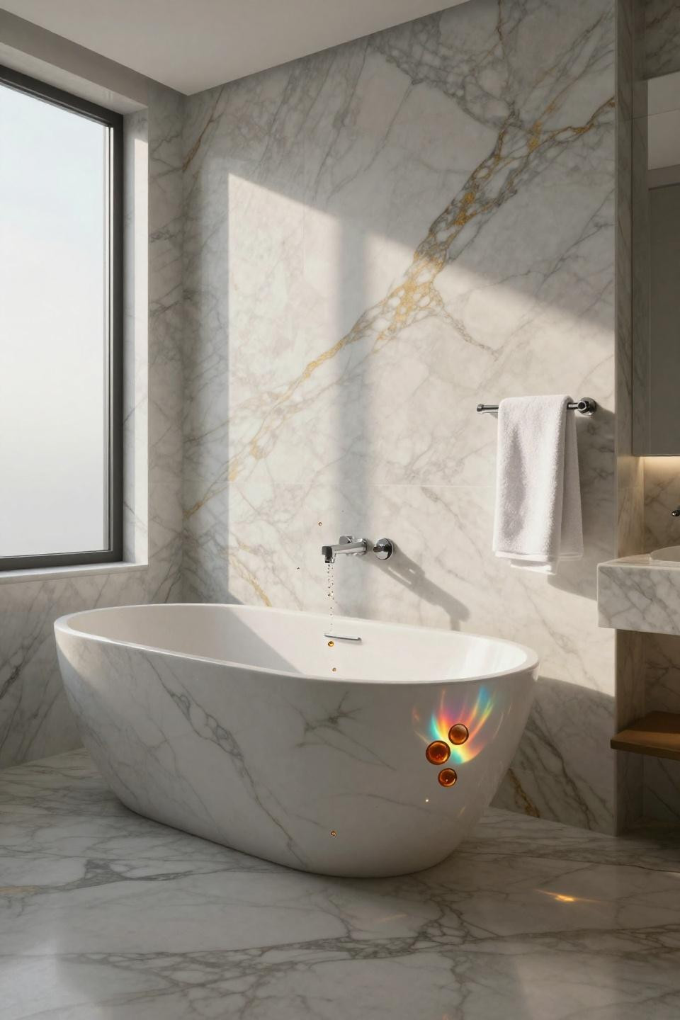 calacatta marble bathroom with freestanding tub and murano glass vessel sink with amber air bubbles
