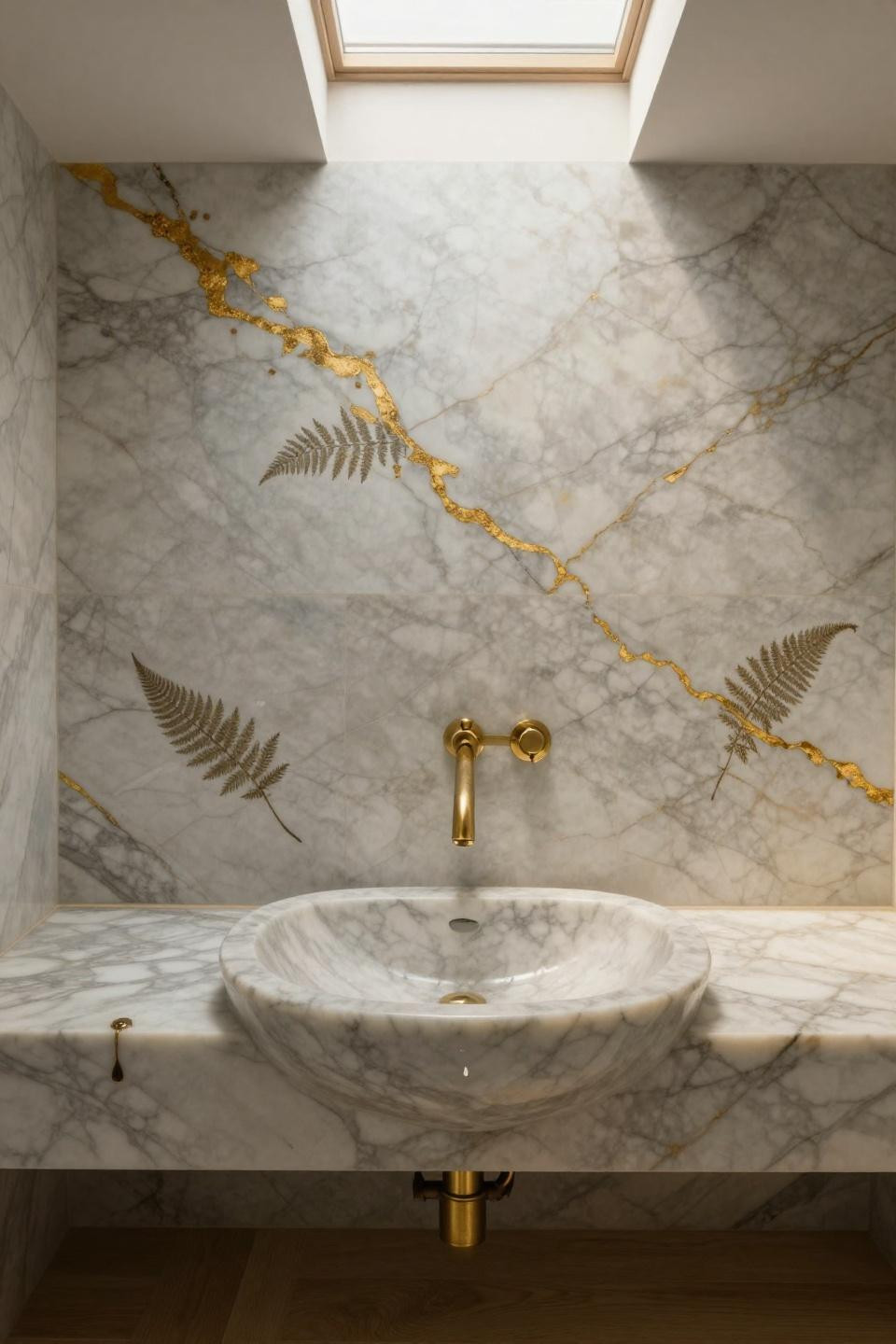 calacatta marble bathroom with gold veining and prehistoric fern fossil preserved in vessel sink counter