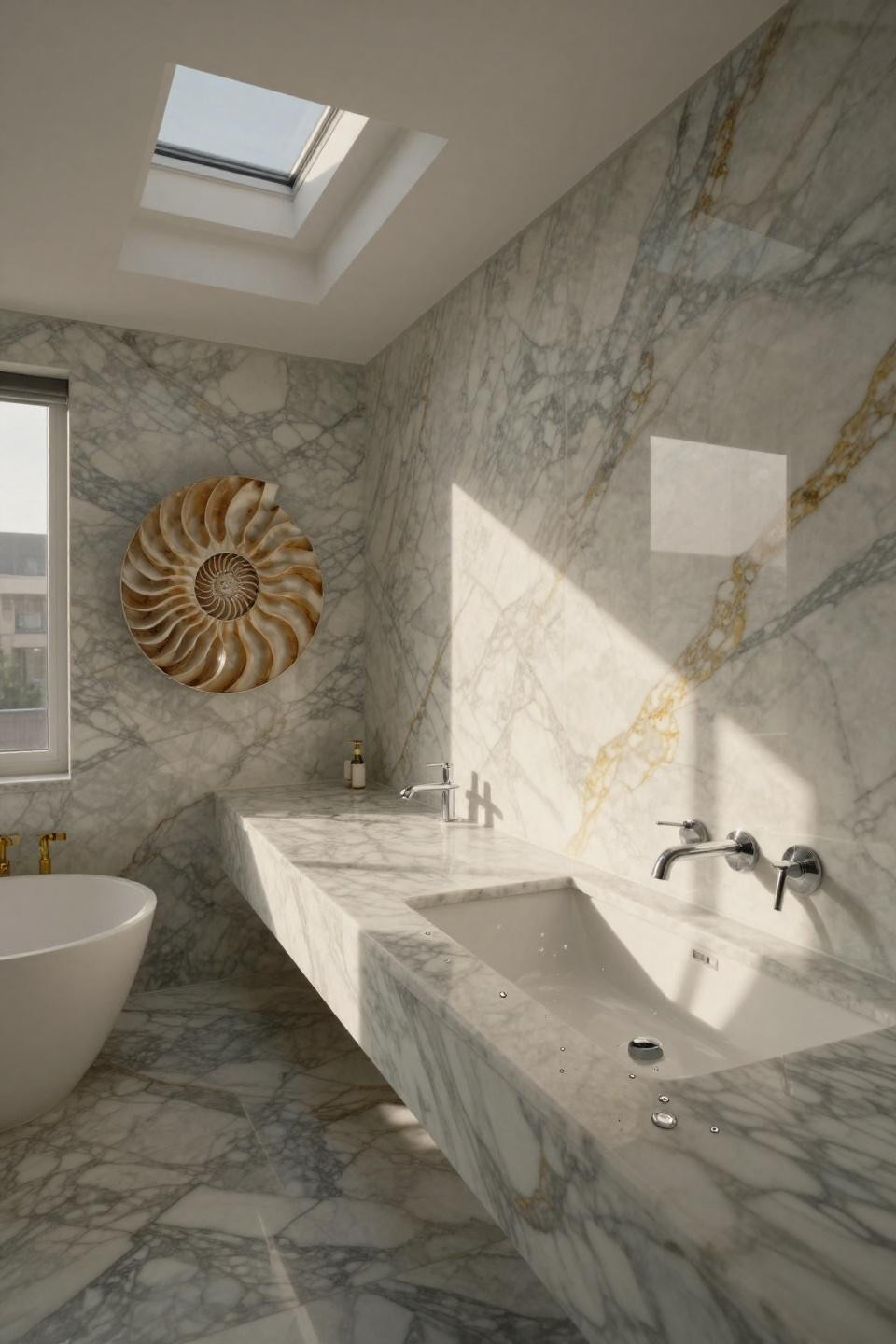 calacatta marble bathroom with gold veining, coffered ceiling casting shadows, and nautilus shell fossil in veining