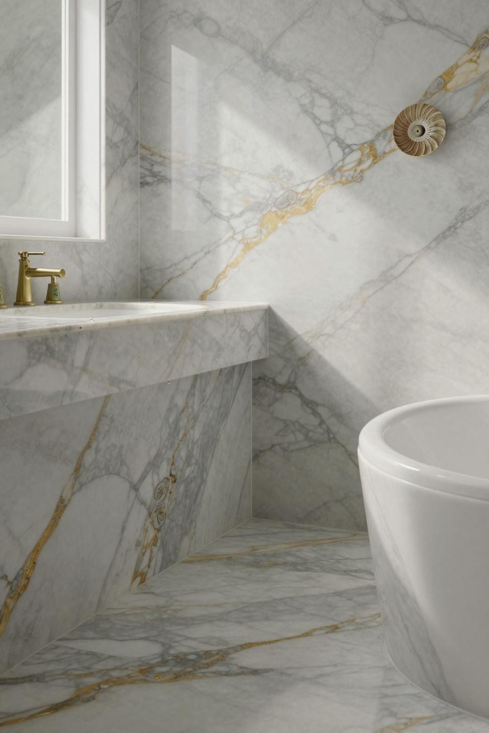 calacatta marble bathroom with fossilized nautilus shells and trilobite imprints in gold veining and brass fixtures