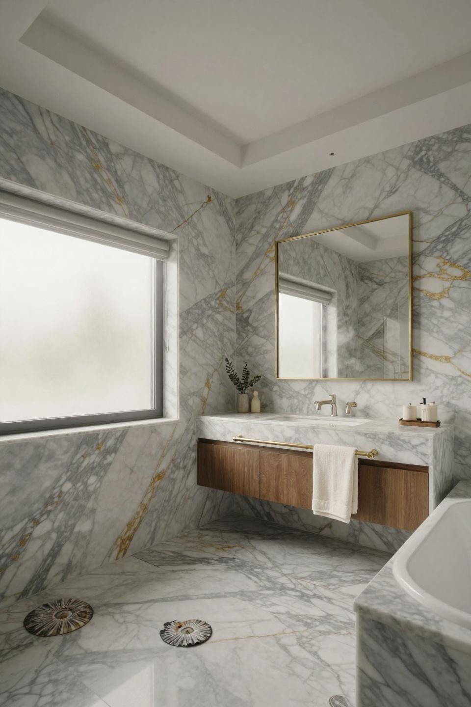 calacatta marble bathroom with gold veining and fossilized ammonite shells in large format floor slabs