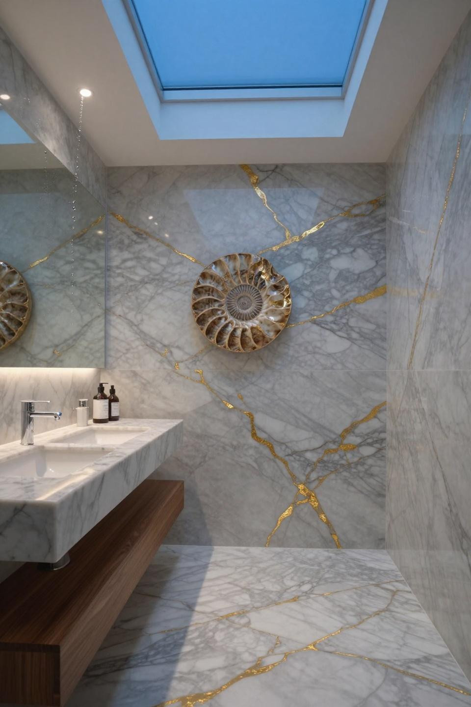 calacatta marble bathroom with gold veining and ammonite fossil spiral at dawn with blue light flooding skylight