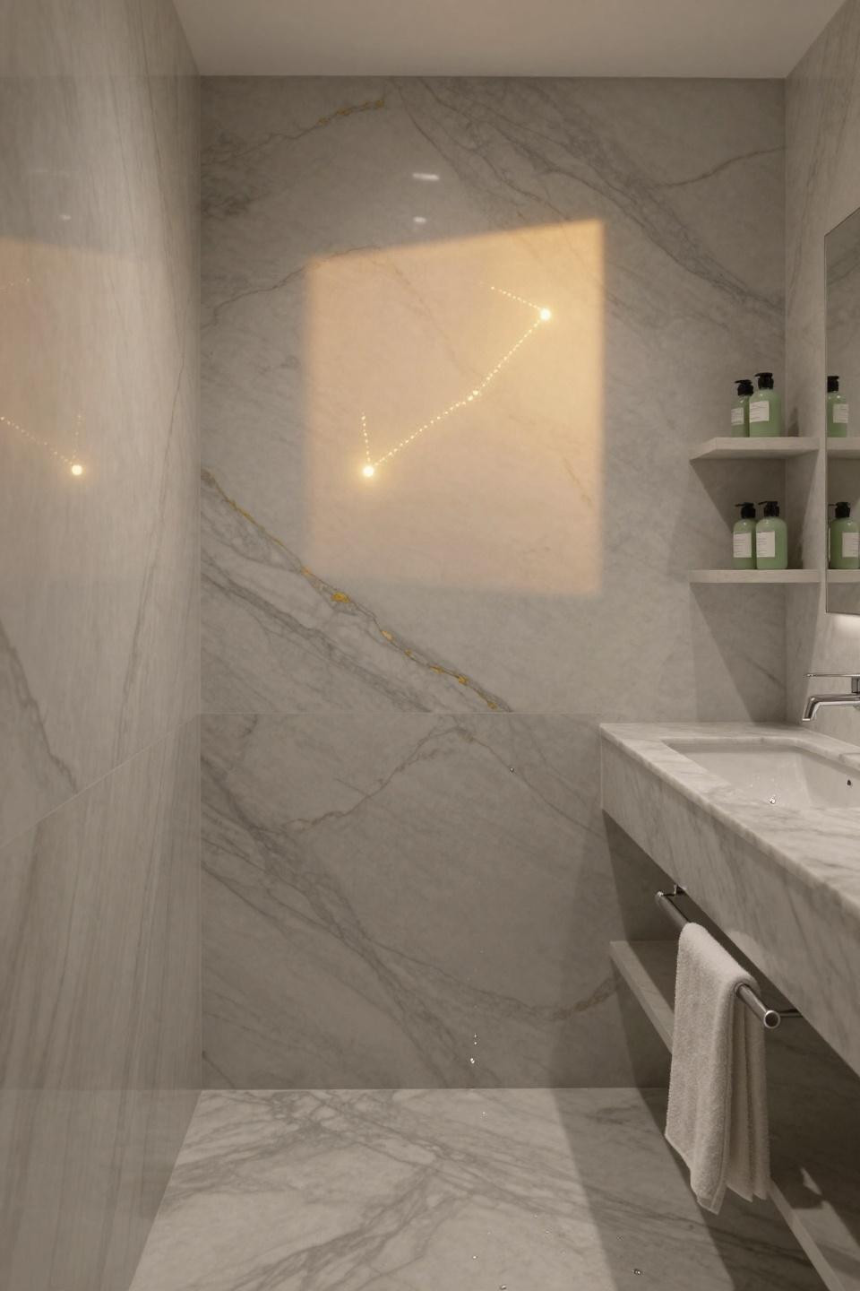 calacatta marble bathroom wall with golden veining forming orion constellation pattern in afternoon light
