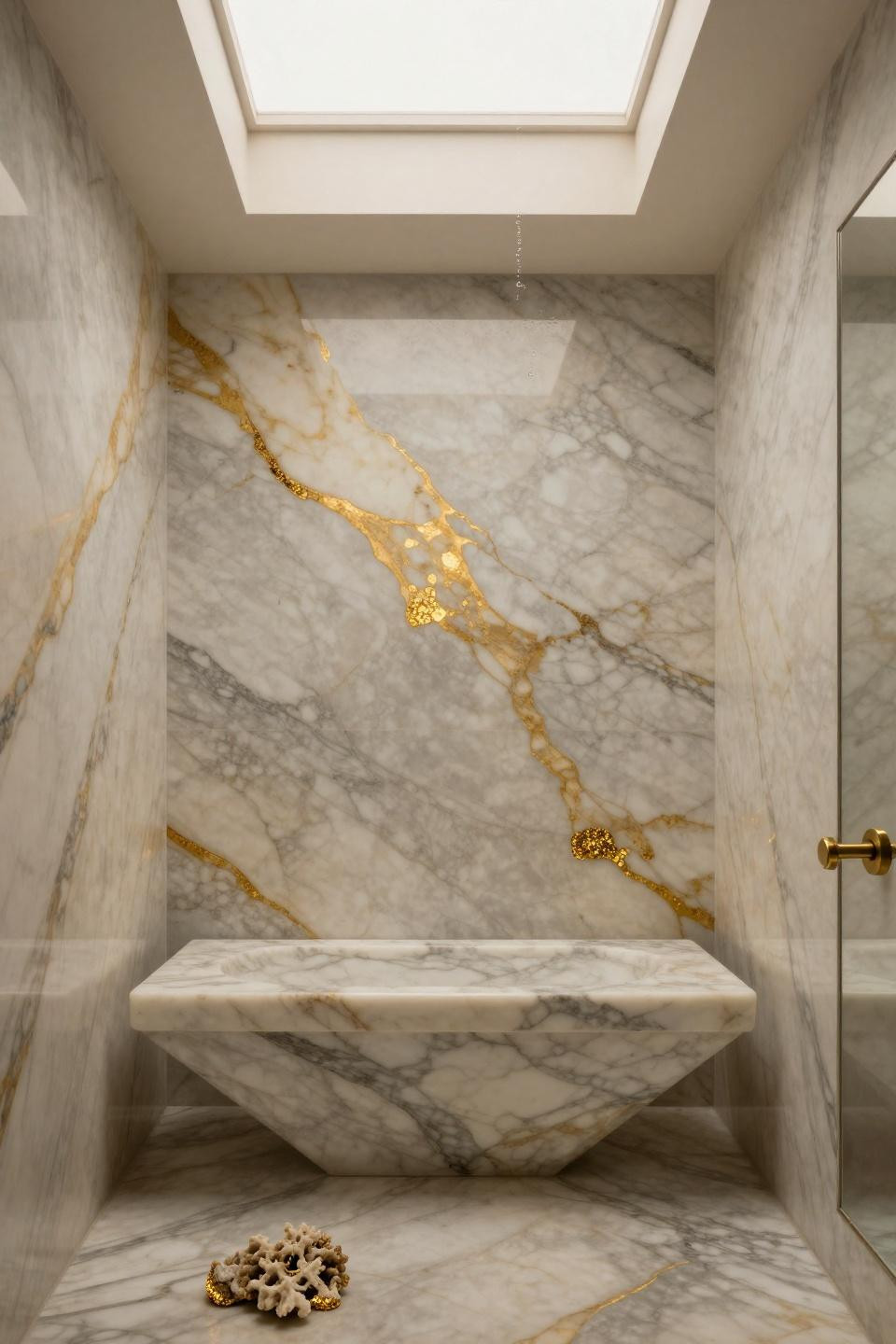 calacatta marble bathroom with golden veining and fossilized coral fragments with pyrite deposits in floor