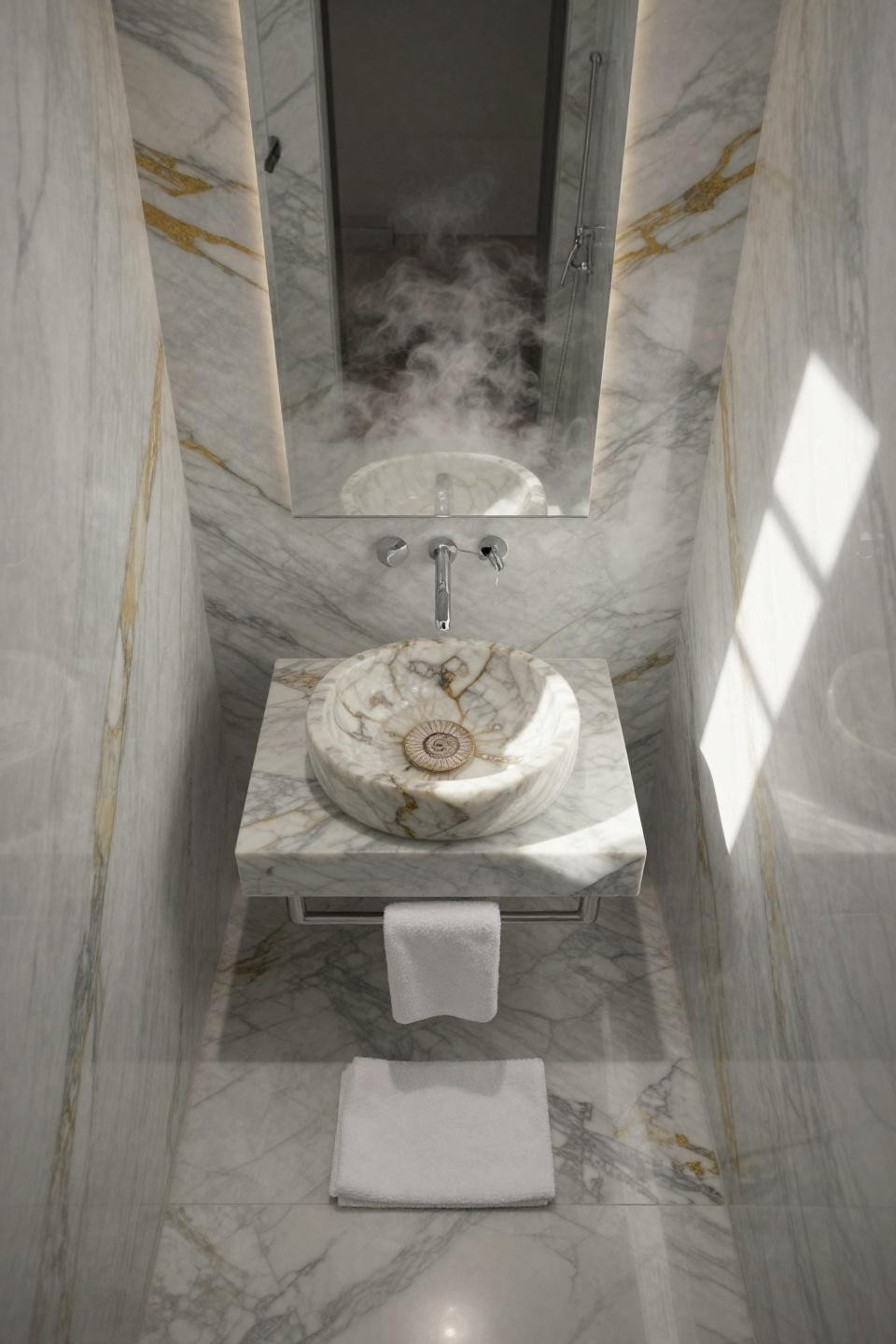 calacatta marble bathroom with vessel sink revealing fossilized ammonite spiral in stone veining