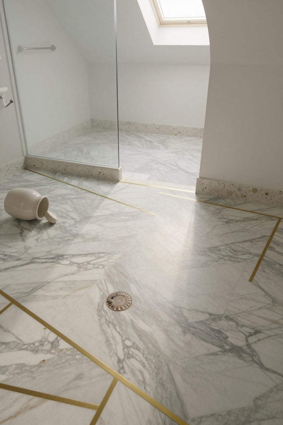bathroom flooring ideas with chevron calacatta gold marble and unlacquered brass inlay strips in master bath