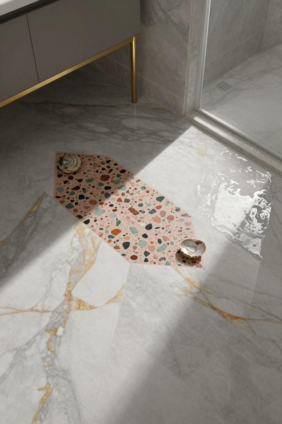 bathroom flooring ideas with calacatta marble chevron pattern and custom terrazzo insert with moroccan zellige fragments