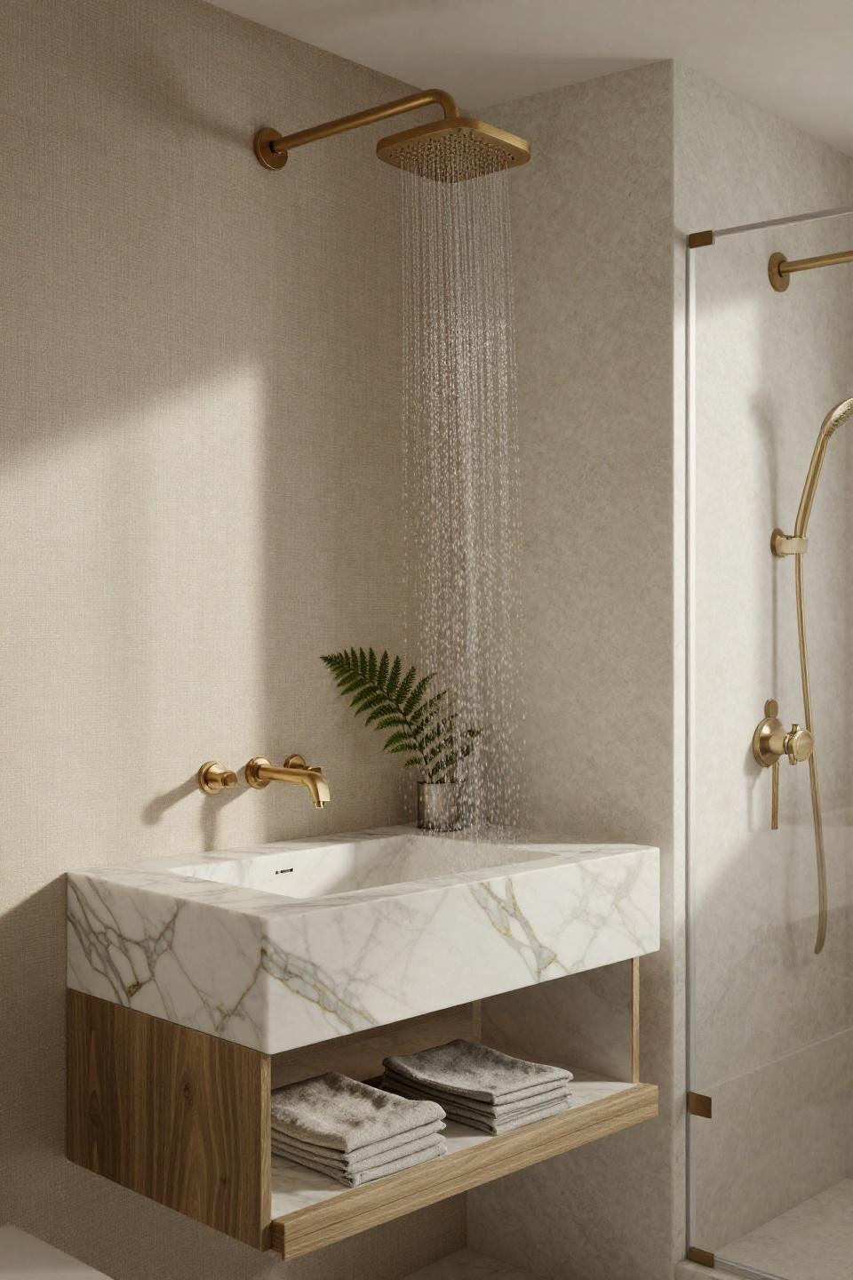 ensuite bathroom floating calacatta marble vanity gold veining brass fixtures rainfall showerhead limestone enclosure
