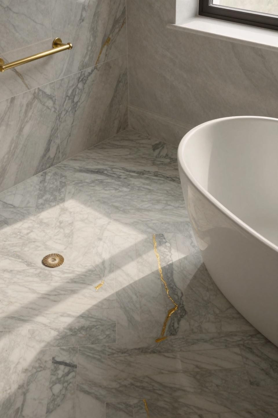 bathroom flooring ideas with honed calacatta marble herringbone pattern and gold veining near freestanding soaking tub