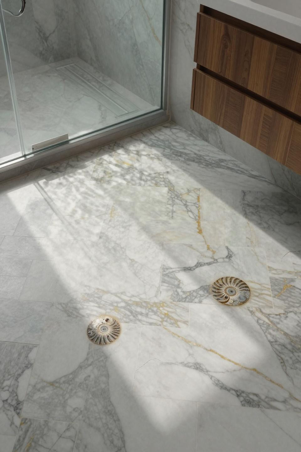 bathroom flooring ideas featuring oversized calacatta marble herringbone with dramatic gold veining and prehistoric ammonite fossils