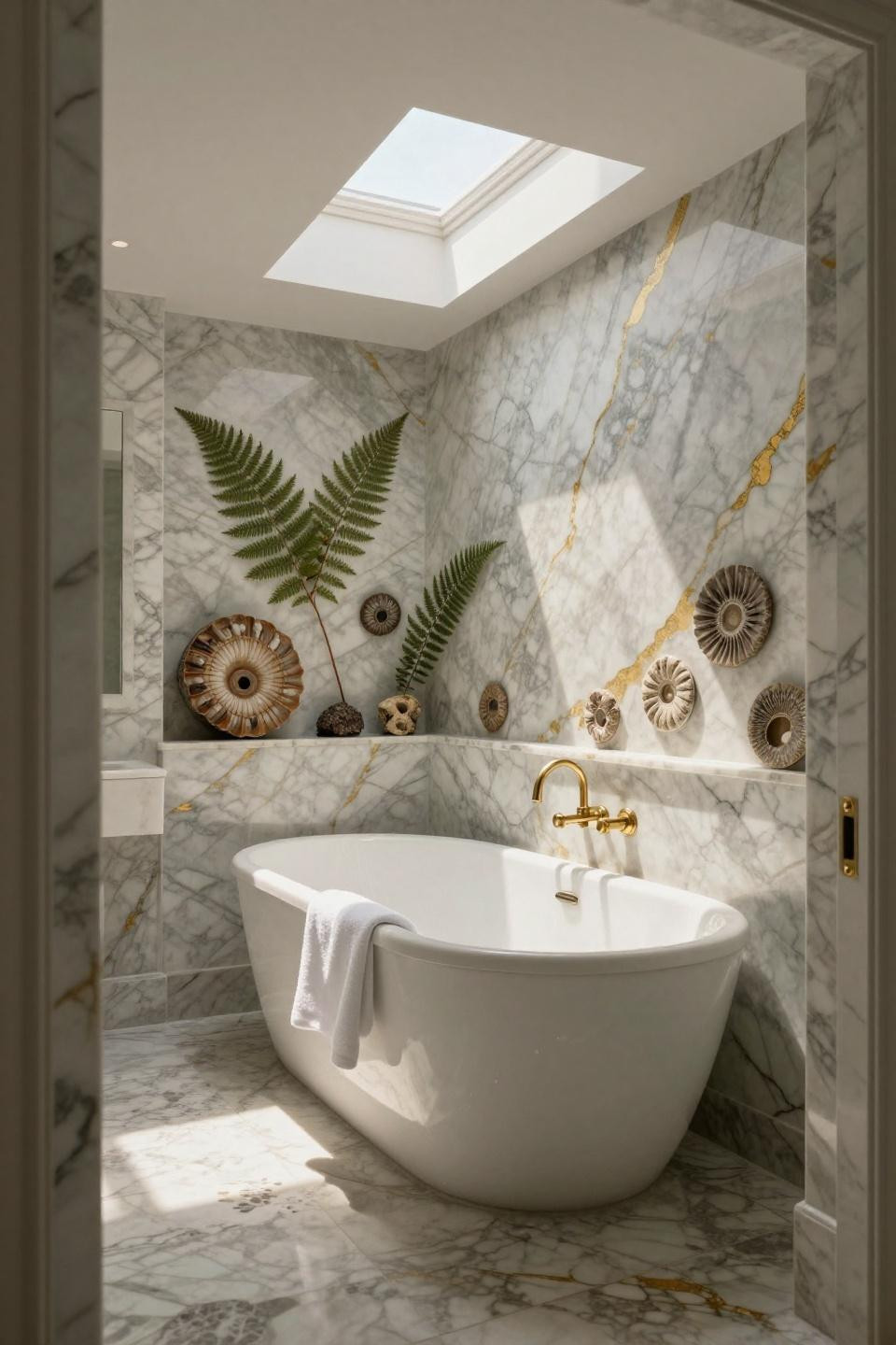 calacatta marble bathroom with freestanding soaking tub and prehistoric fern ammonite fossils in stone walls