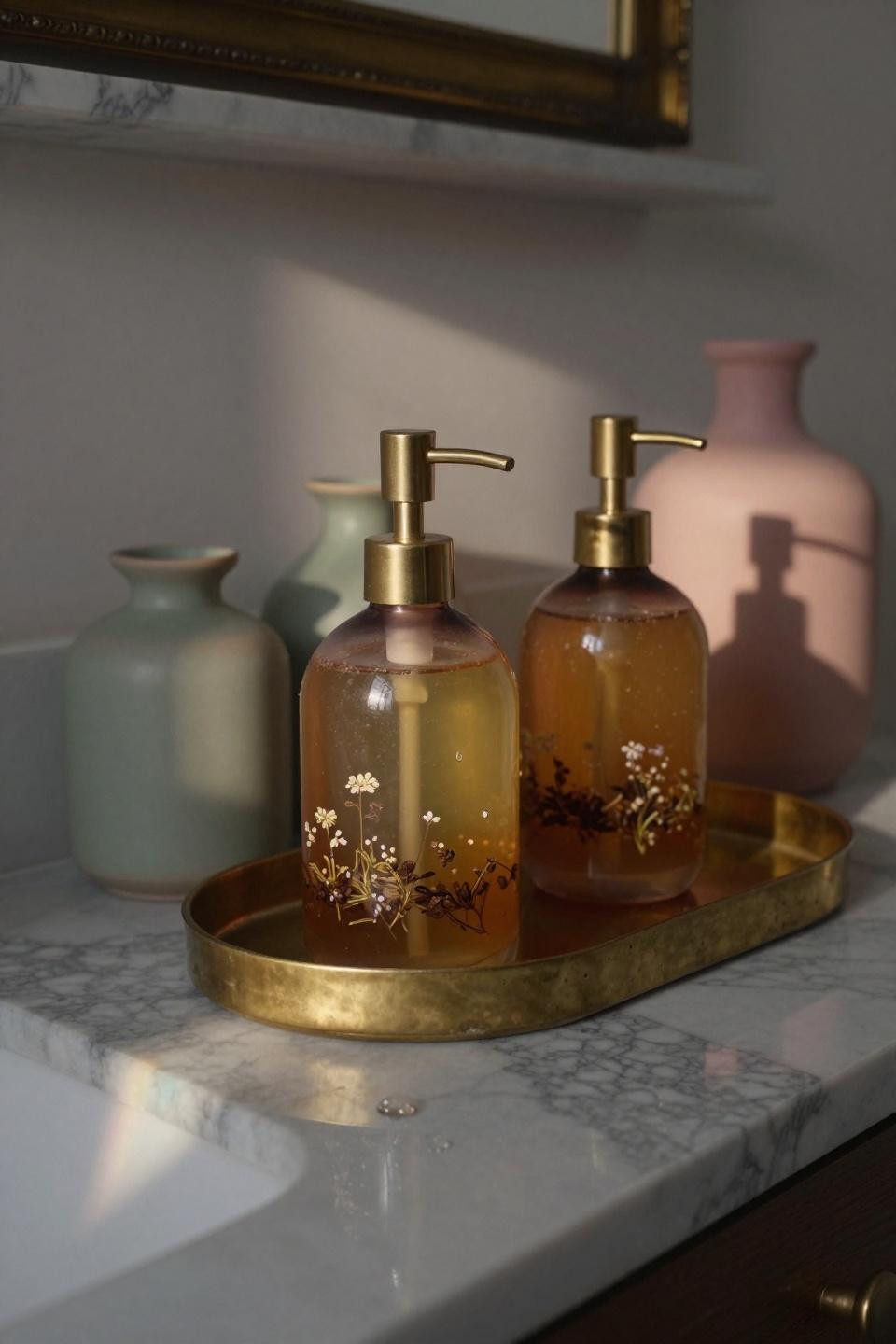 unlacquered brass tray with murano amber soap dispensers containing wildflower seeds sage ceramic vessels on calacatta marble vanity