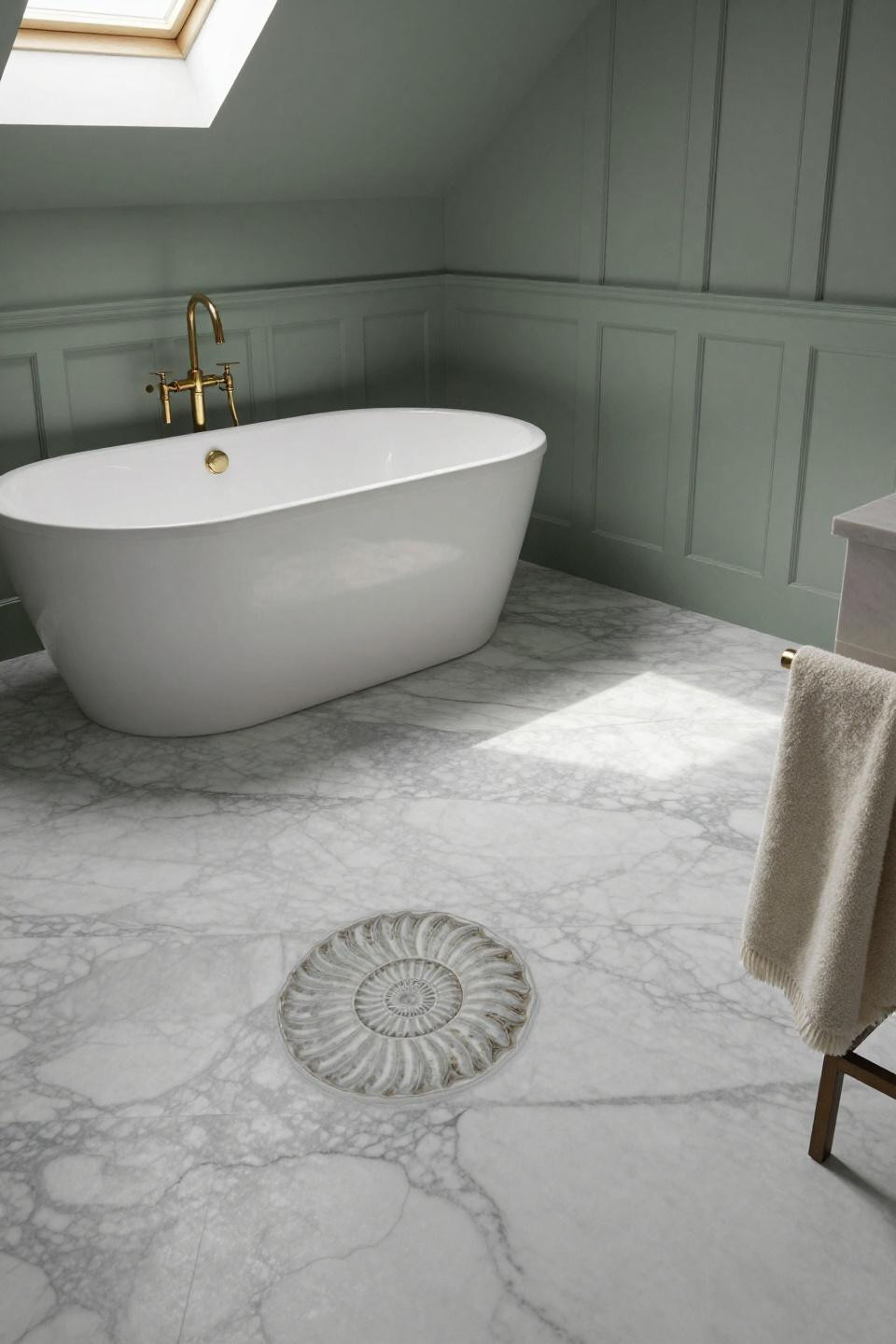 bathroom flooring ideas with hand laid carrara marble and subtle grey veining paired with sage green board and batten wainscoting