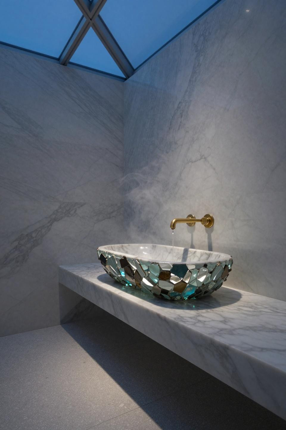 carrara marble bathroom with vessel sink embedded with roman glass fragments catching blue light