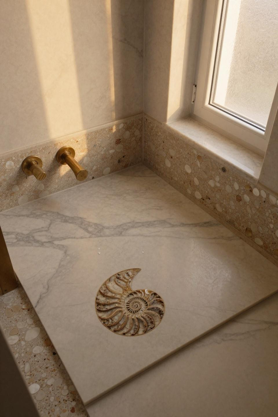 bathroom flooring ideas featuring warm carrara marble with subtle grey veining positioned diagonally with terrazzo baseboards