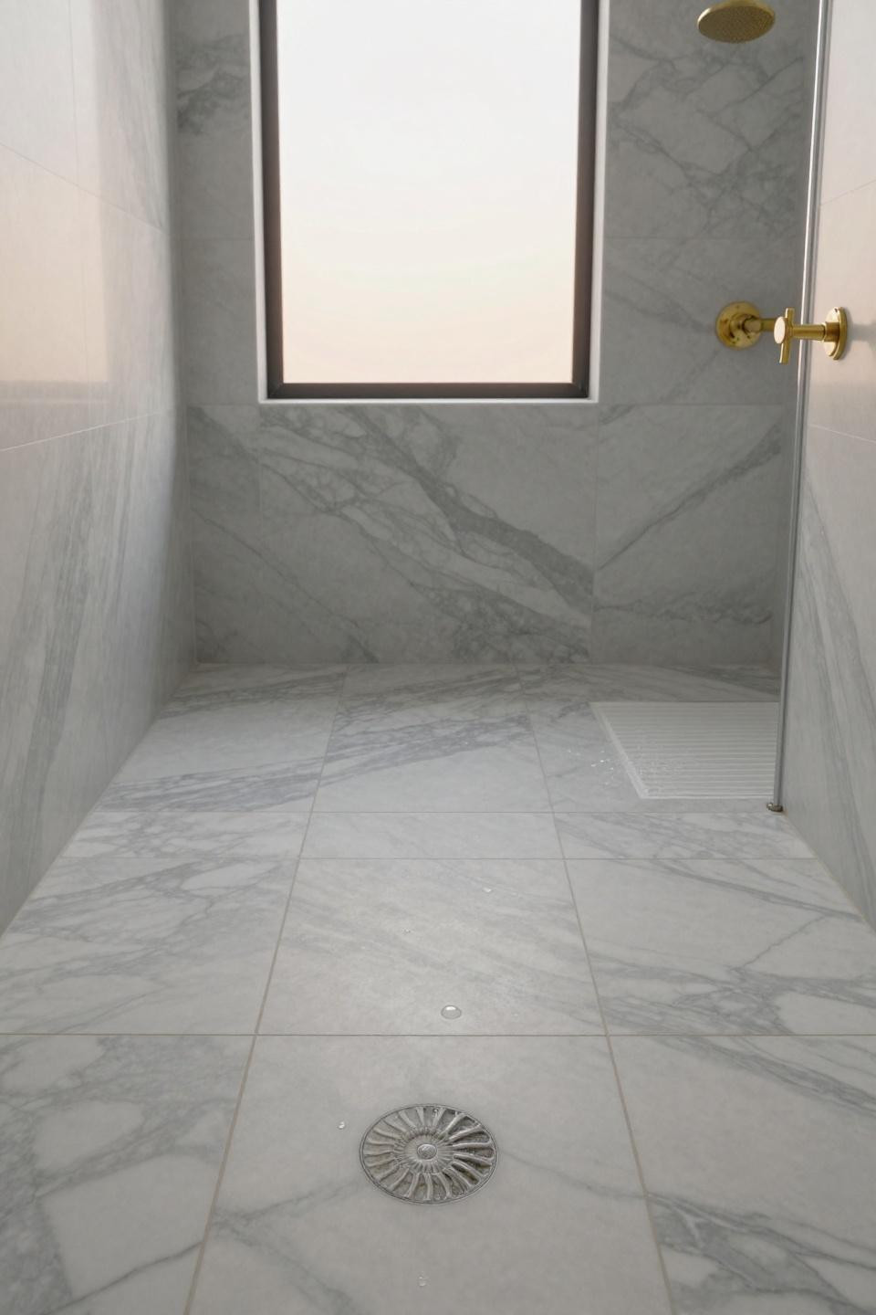 bathroom flooring ideas showing authentic carrara marble with delicate grey veining and mesozoic ammonite fossil embedded naturally