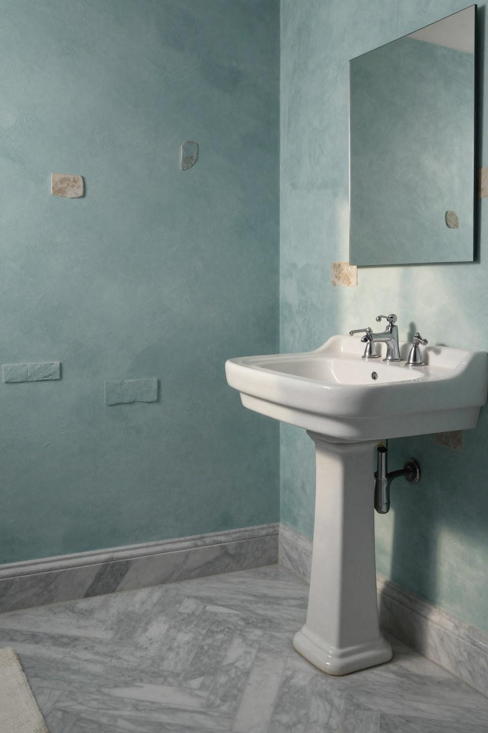celadon sage bathroom paint colors on venetian plaster walls with embedded ancient roman ceramic tile fragments