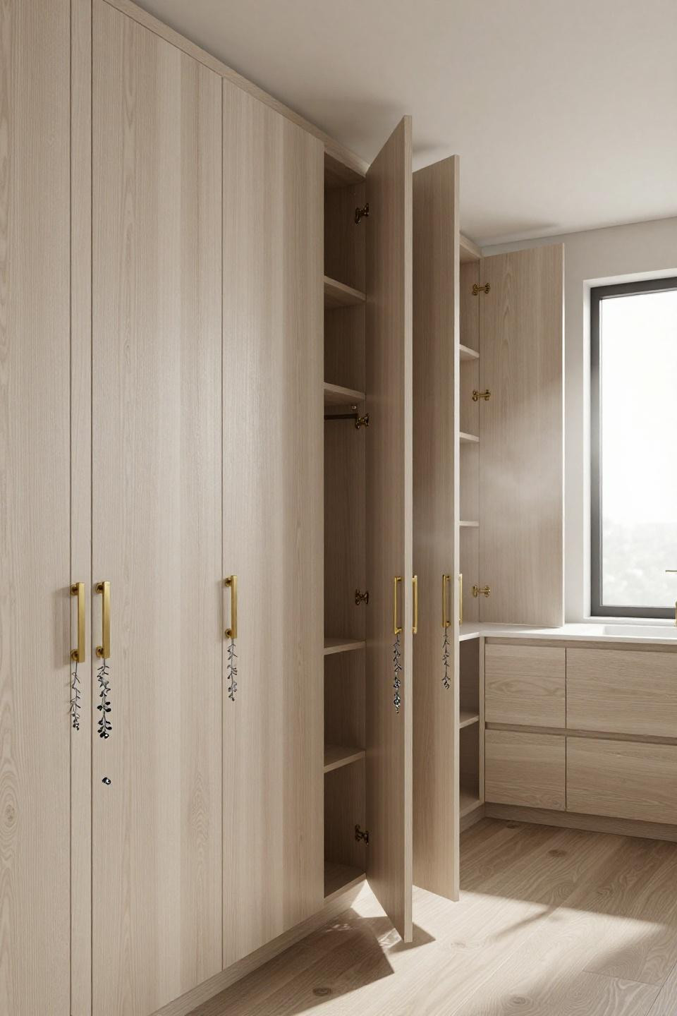 cerused white oak bathroom cabinets spanning wall with unlacquered brass hardware and waist-high wainscoting