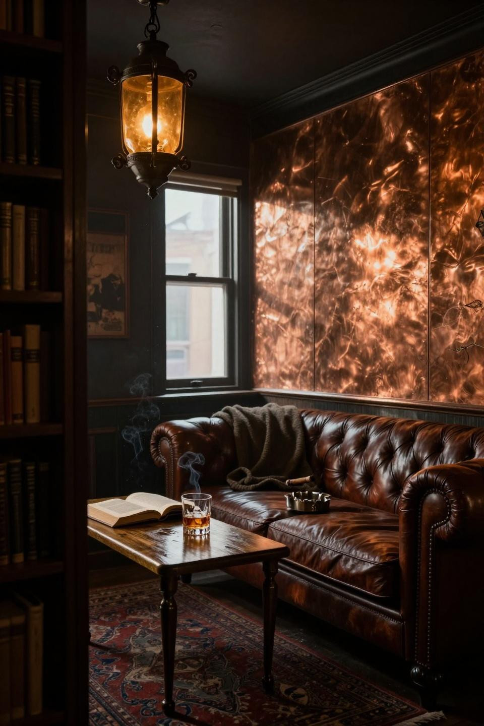 hammered copper wall panels glowing with amber patina behind pivoting bookshelf door in 1920s chicago speakeasy basement