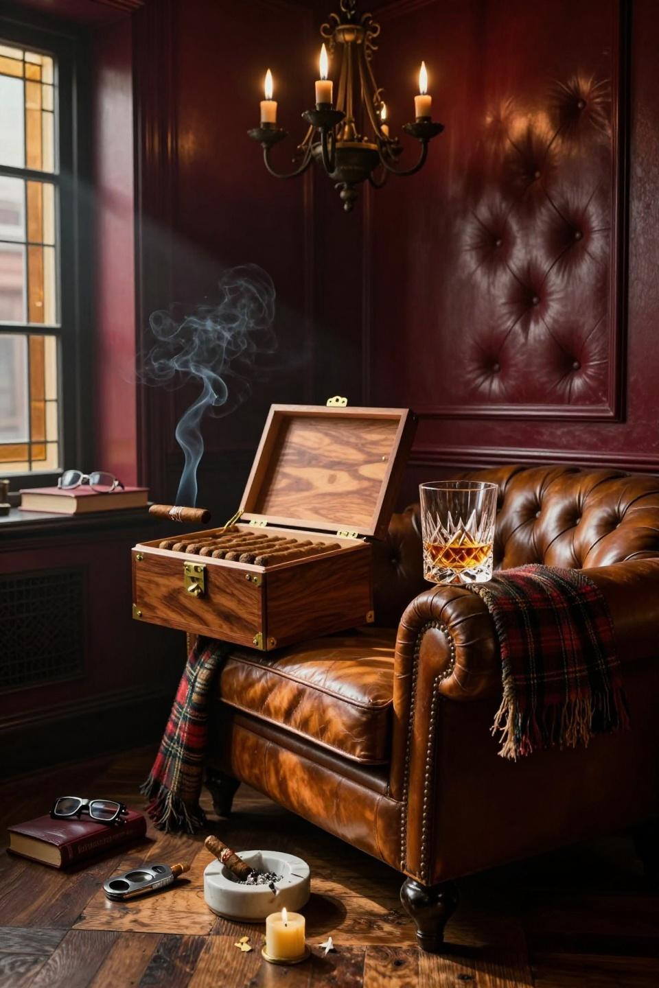 walnut humidor cabinet with unlacquered brass hardware and crystal whiskey tumbler in burgundy leather study