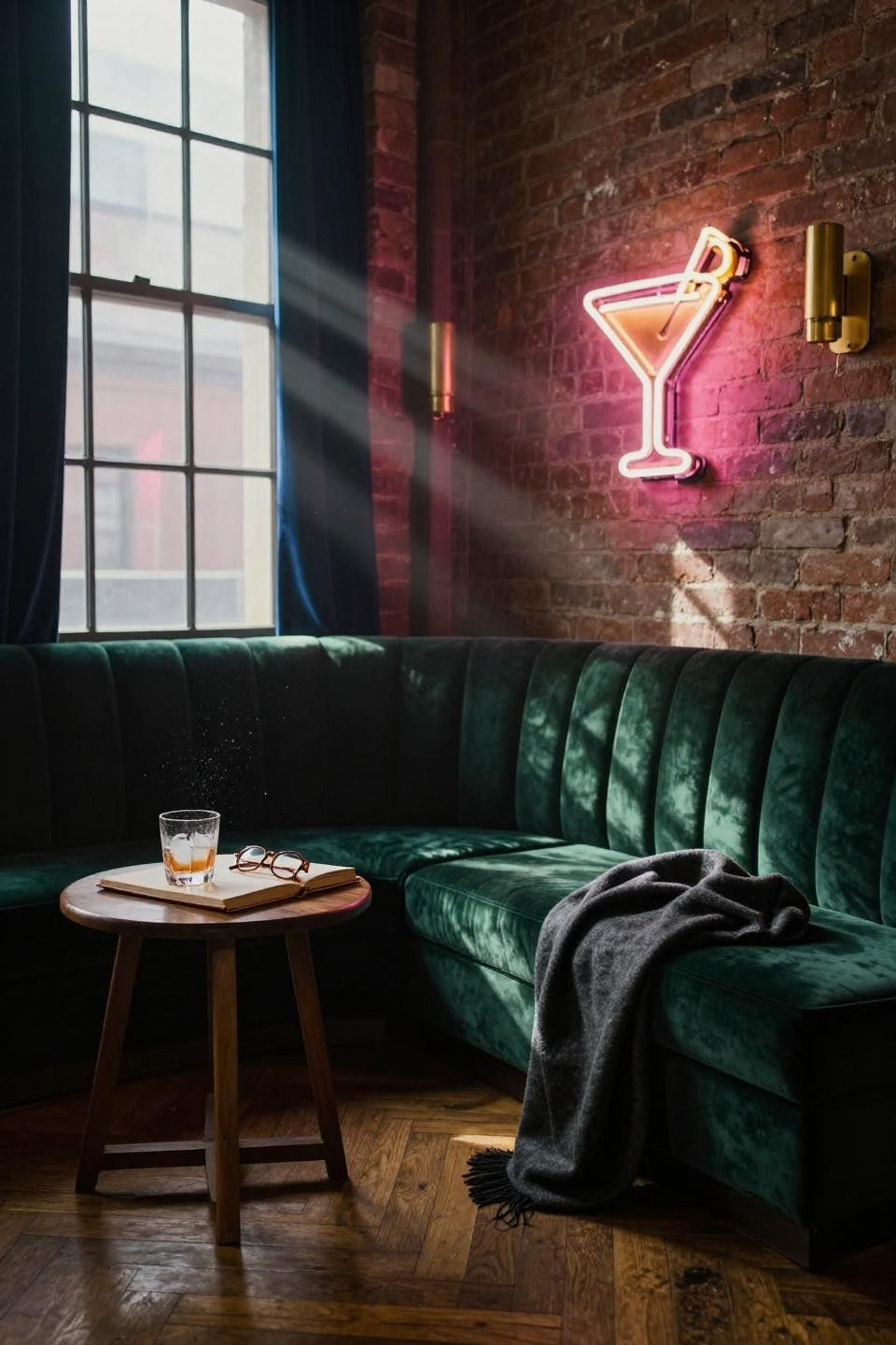 emerald velvet curved banquette with midnight navy drapes and amber neon sign in brooklyn warehouse loft