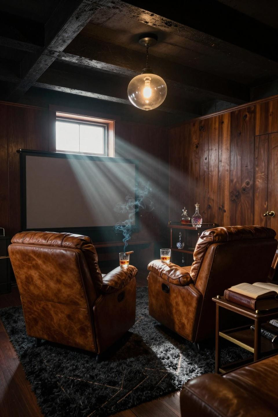 three cognac leather recliners facing projection screen in walnut-paneled basement home theater with brass sconces