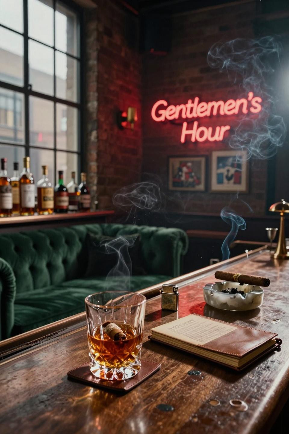 custom red neon gentlemen's hour sign above walnut bar with copper backsplash and vintage whiskey bottles