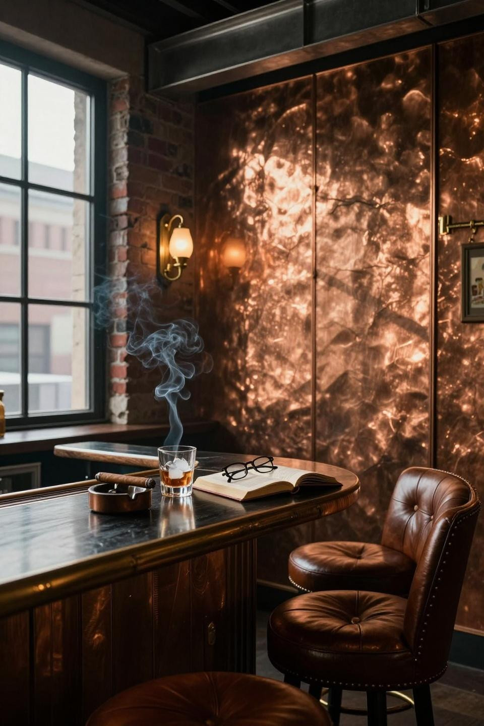 black walnut live-edge bar with cognac leather tufted stools and hammered copper panels in converted loft