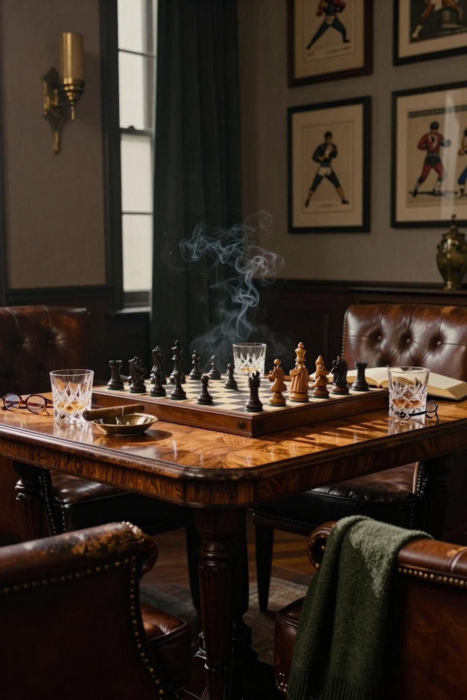 carved walnut chess table with vintage staunton pieces in moody manhattan study with brass sconces