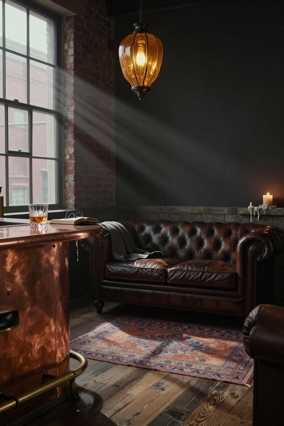 handcrafted copper-topped bar island with unlacquered brass foot rail and chocolate leather chesterfield in tribeca loft